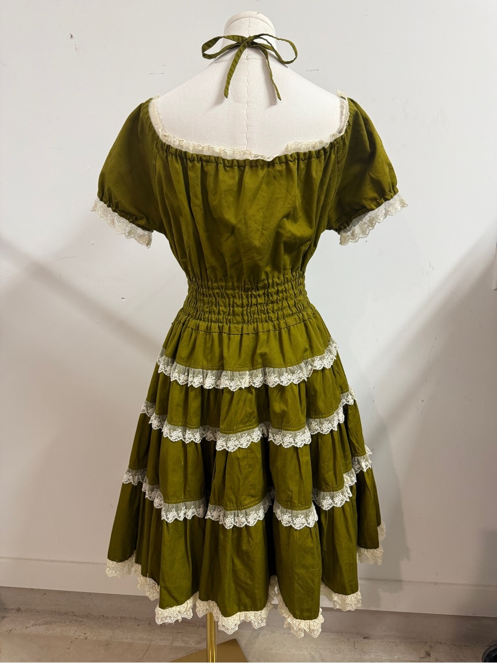 Innocent World M/L Olive Green Lace-Trim Tiered Tulle Dress Cottagecore Coquette - Picture 6 of 10